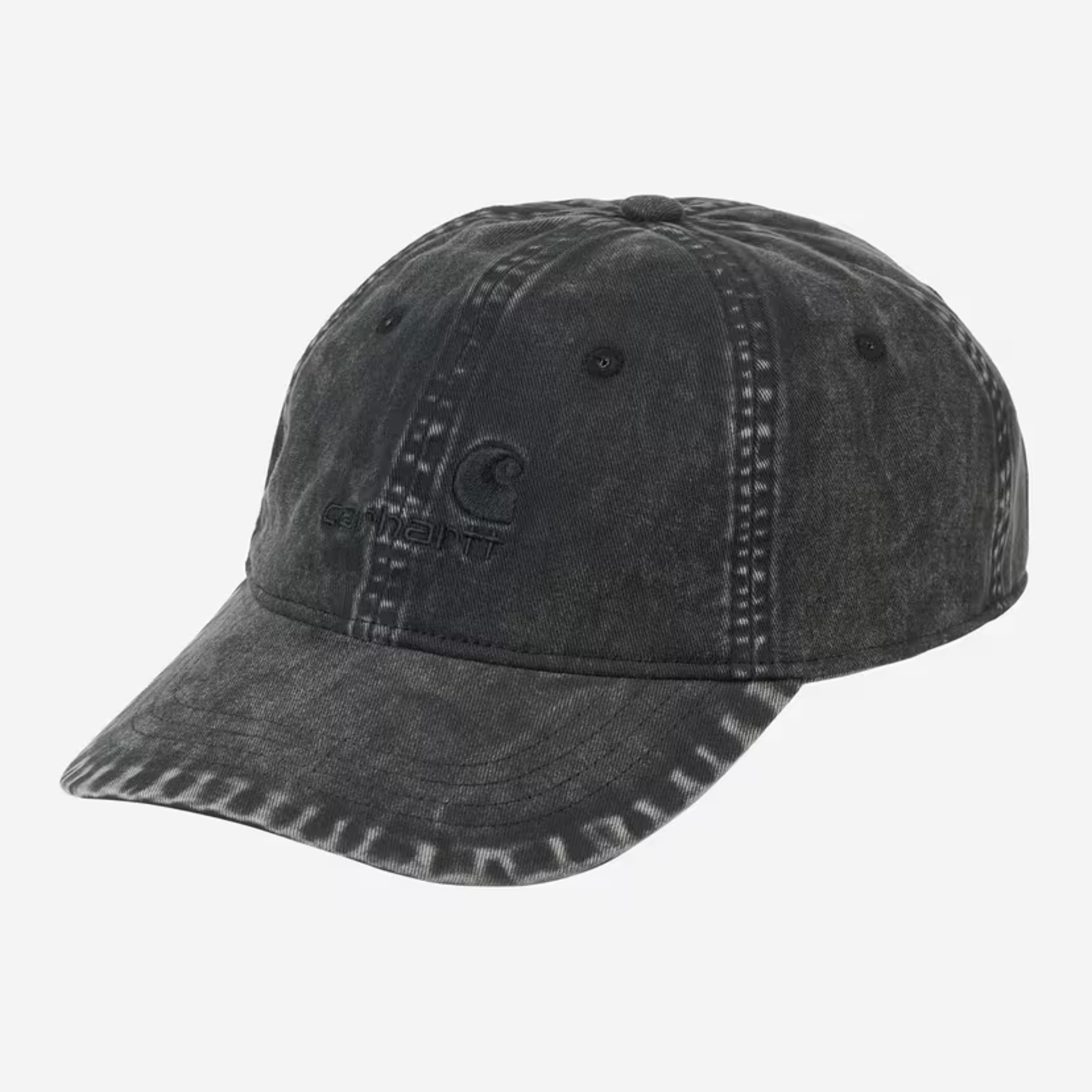 Casquette Lambert noire délavée Carhartt WIP - trois-quarts avant, visière incurvée et logo American Script brodé