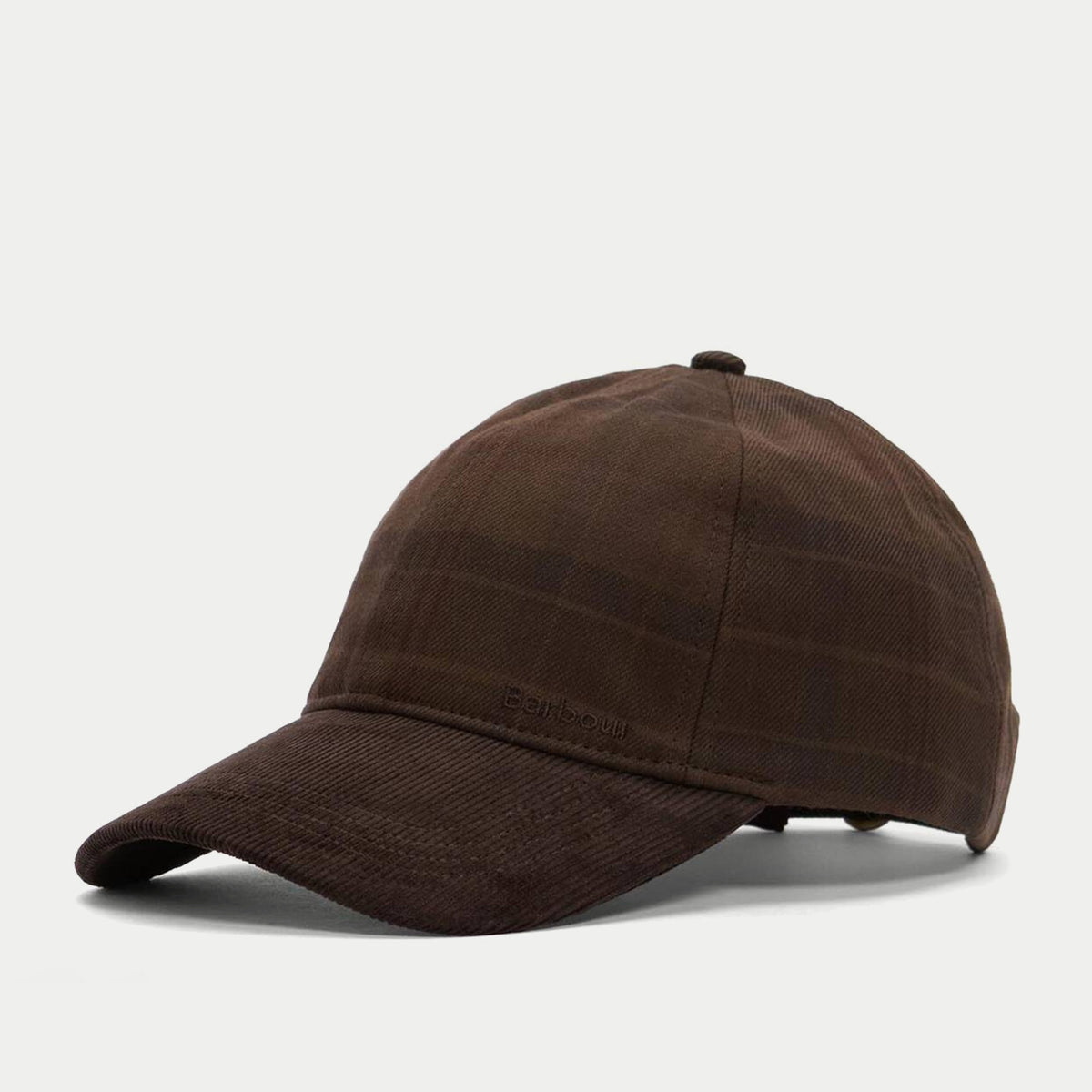 Casquette Macklow Barbour tartan marron de trois-quarts, visière en velours côtelé et Barbour brodé ton sur ton.