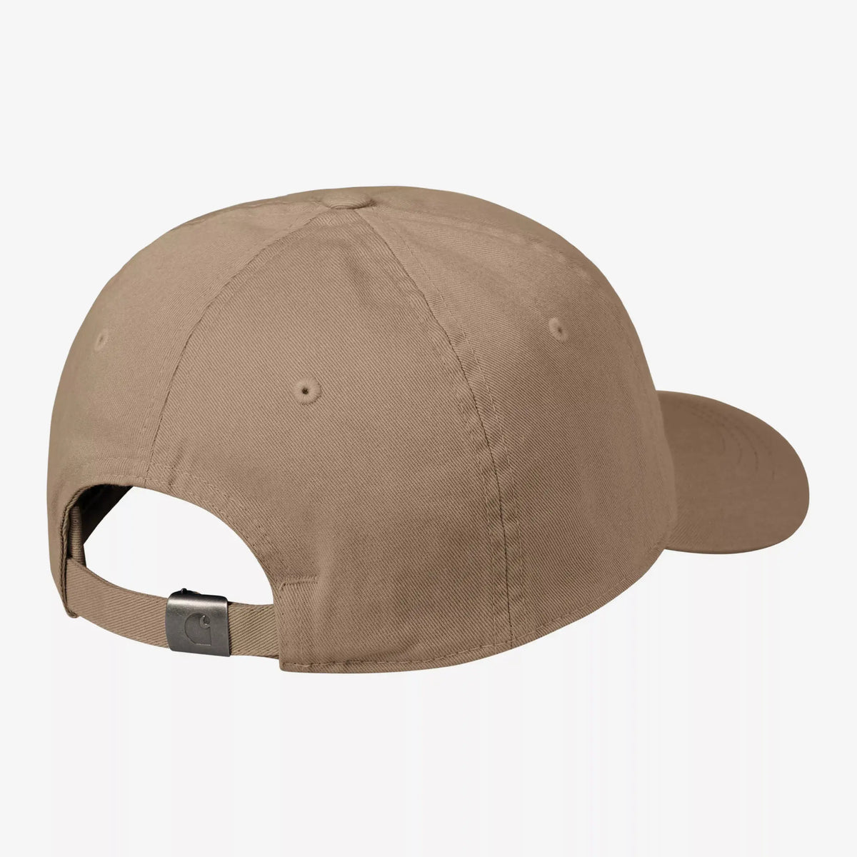 Arrière de la casquette Madison beige taupe : sangle en toile assortie, boucle métal gravée et ouverture réglable