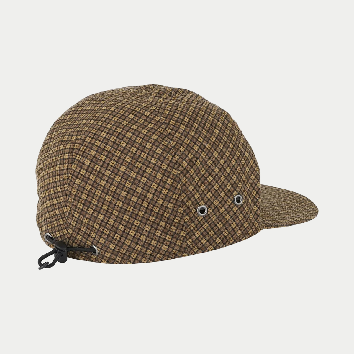 Casquette Mini Check Gramicci marron à carreaux, vue arrière avec cordon de serrage noir et œillets métal