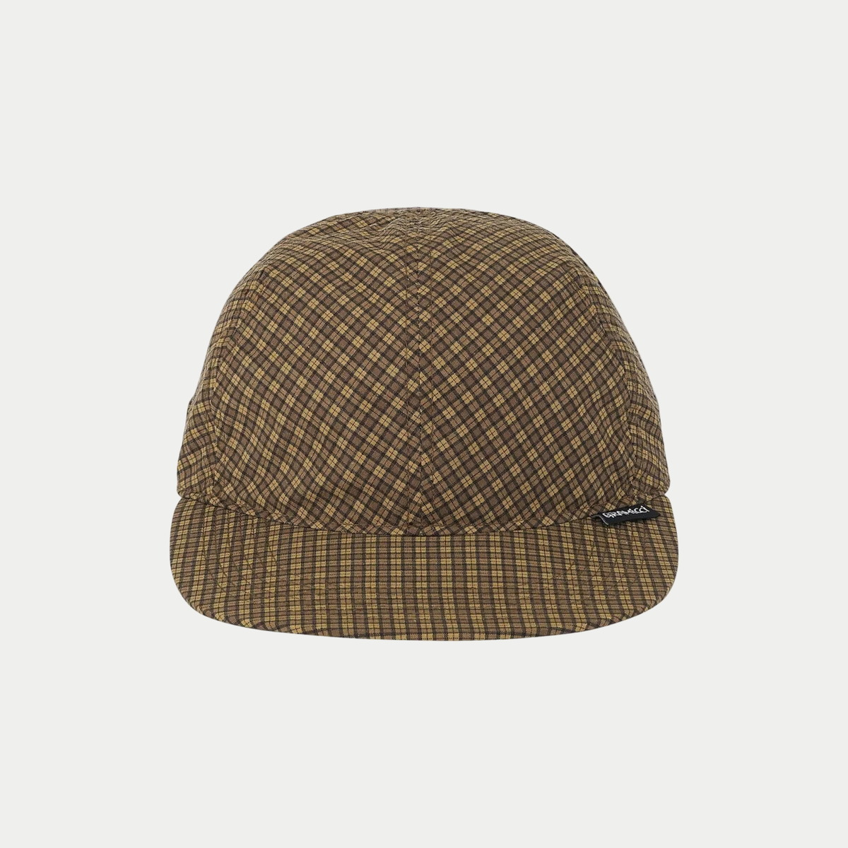 Casquette Mini Check Gramicci marron à carreaux, vue de face, calotte souple et visière courte