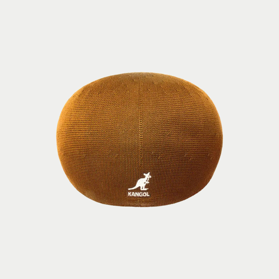 Casquette Kangol 507 Seamless Tropic Rustic Caramel vue de dos, maille pleine et kangourou brodé blanc