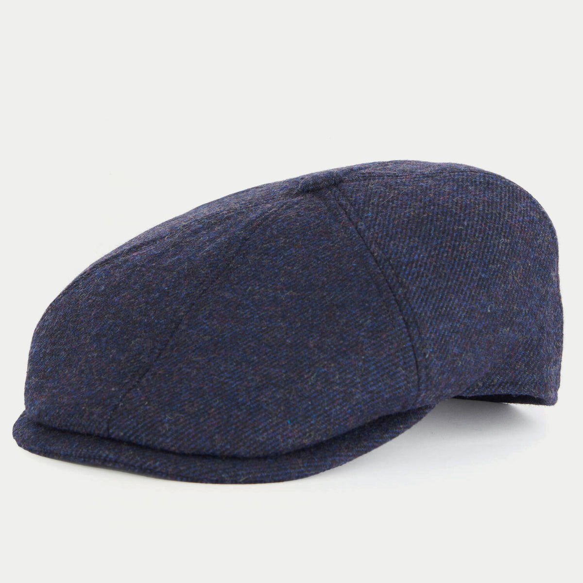 Casquette gavroche bleu marine Barbour - profil trois quarts, laine chinée et calotte à panneaux