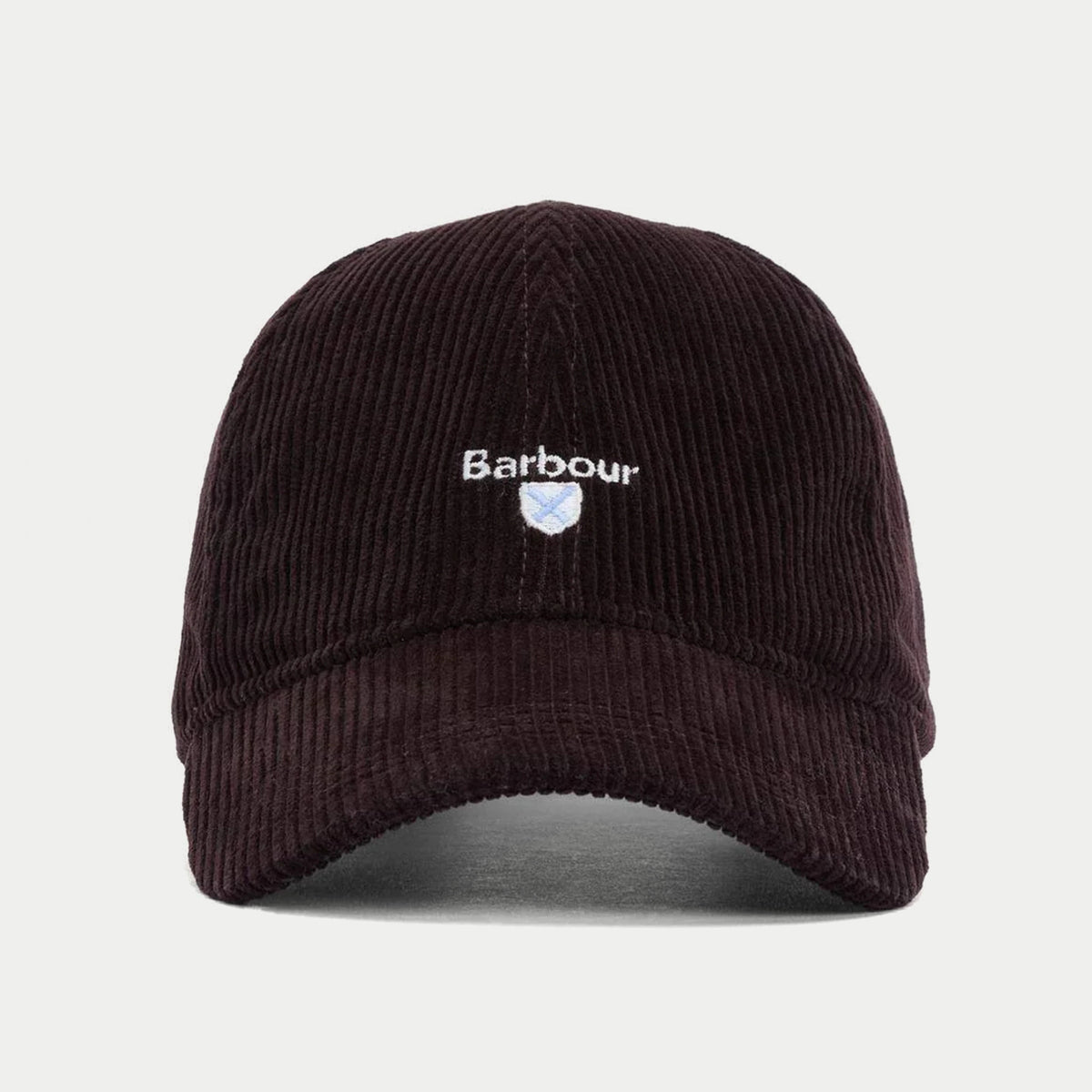 Casquette Preston en velours côtelé aubergine Barbour - vue de face, écusson Barbour brodé sur le devant