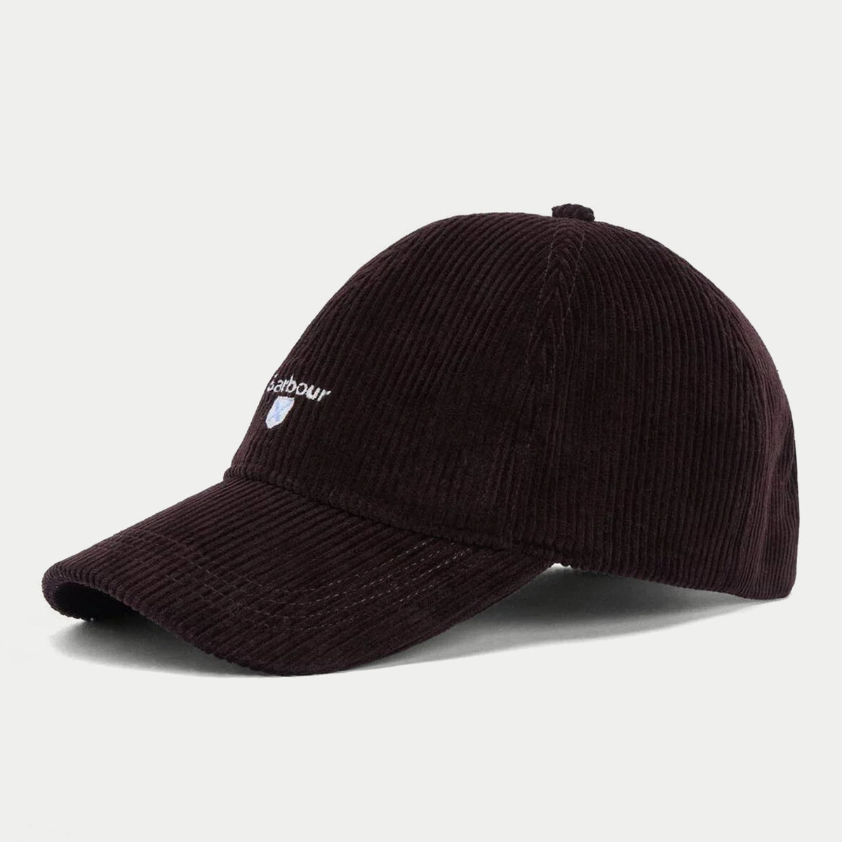 Casquette Preston en velours côtelé aubergine Barbour - profil, visière incurvée et logo brodé
