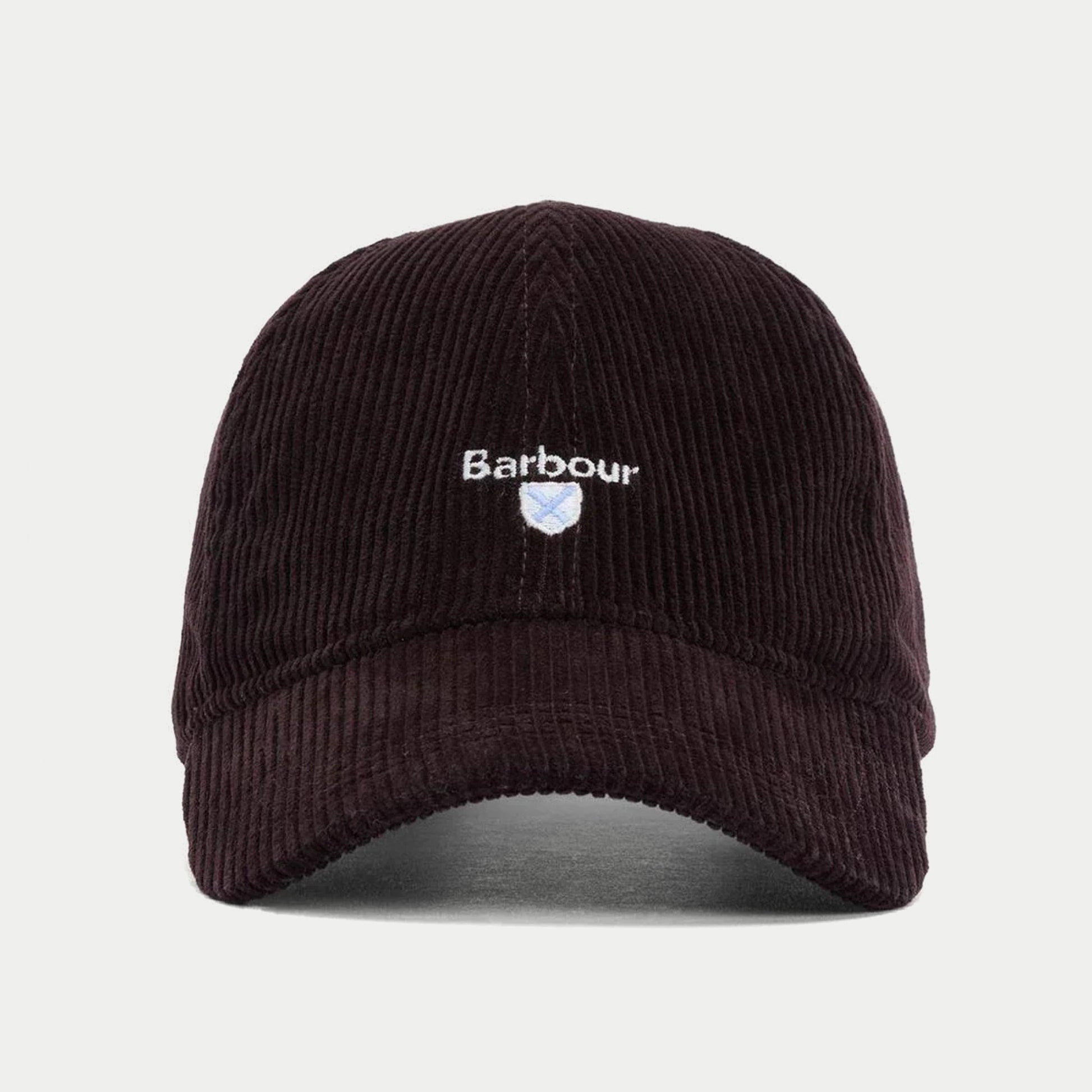 Casquette Preston en velours côtelé aubergine Barbour - vue de face, écusson Barbour brodé sur le devant