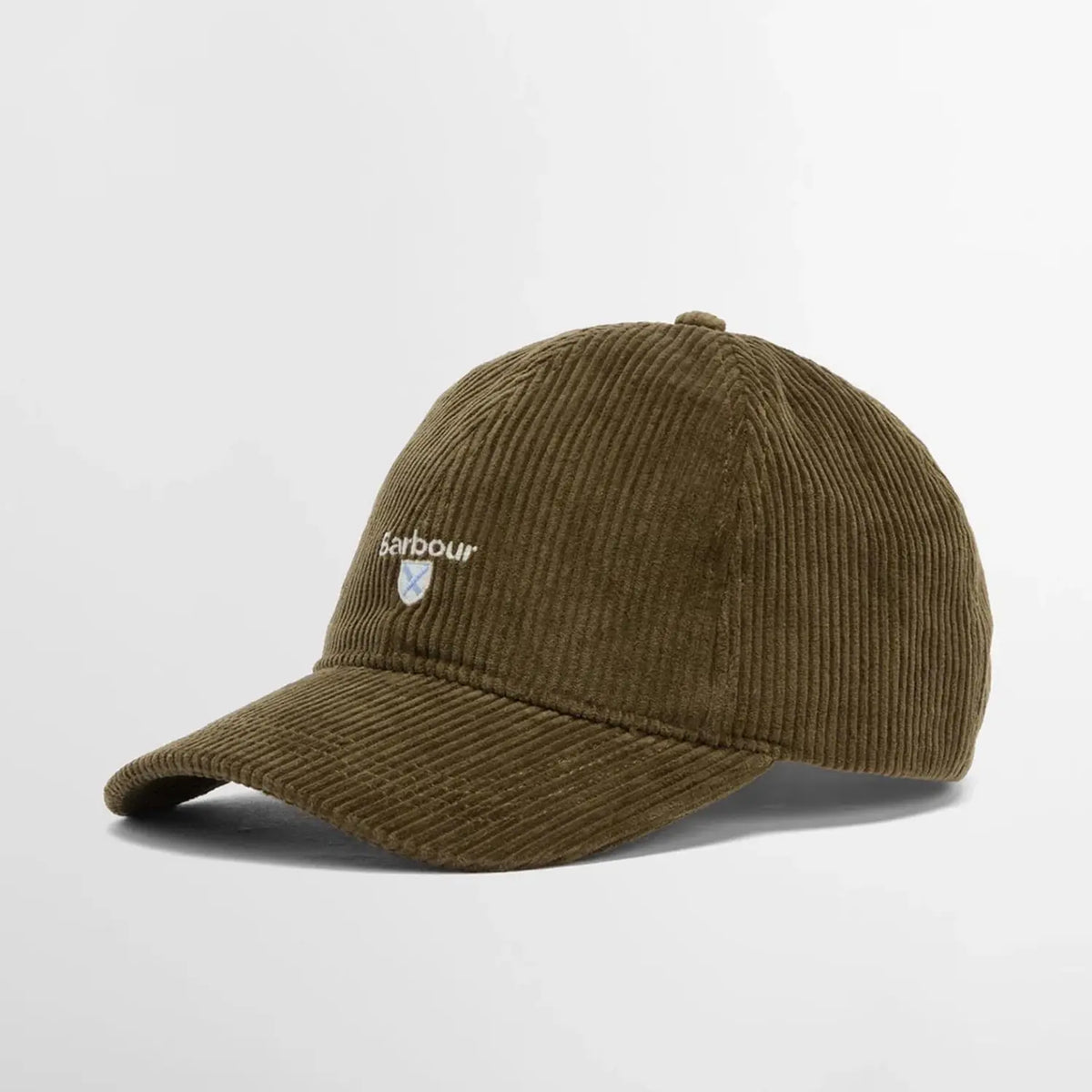 Casquette Preston en velours côtelé olive de trois-quarts, écusson brodé sur le panneau avant et visière préformée