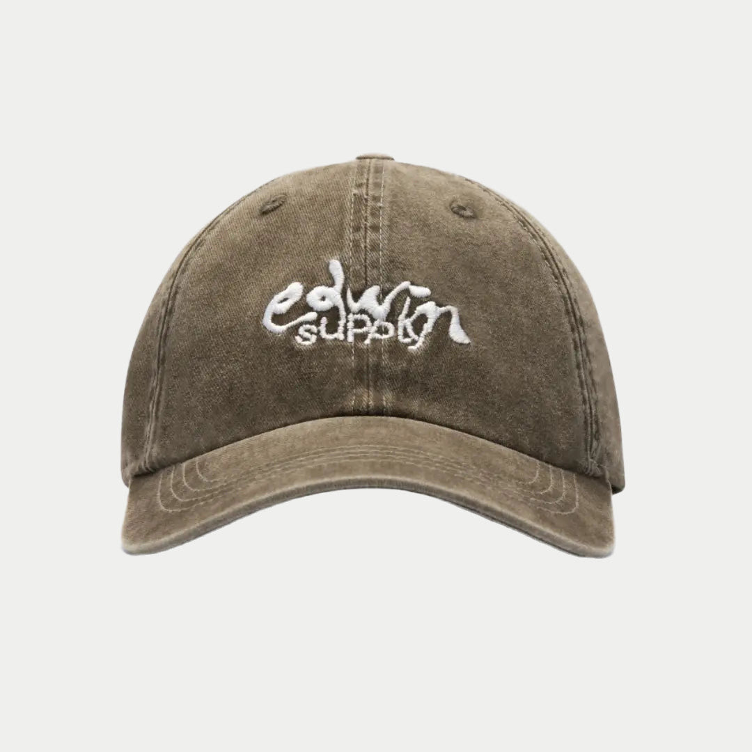 Casquette 6 panneaux en toile brun taupe délavé Stone, logo edwin supply brodé blanc, de face