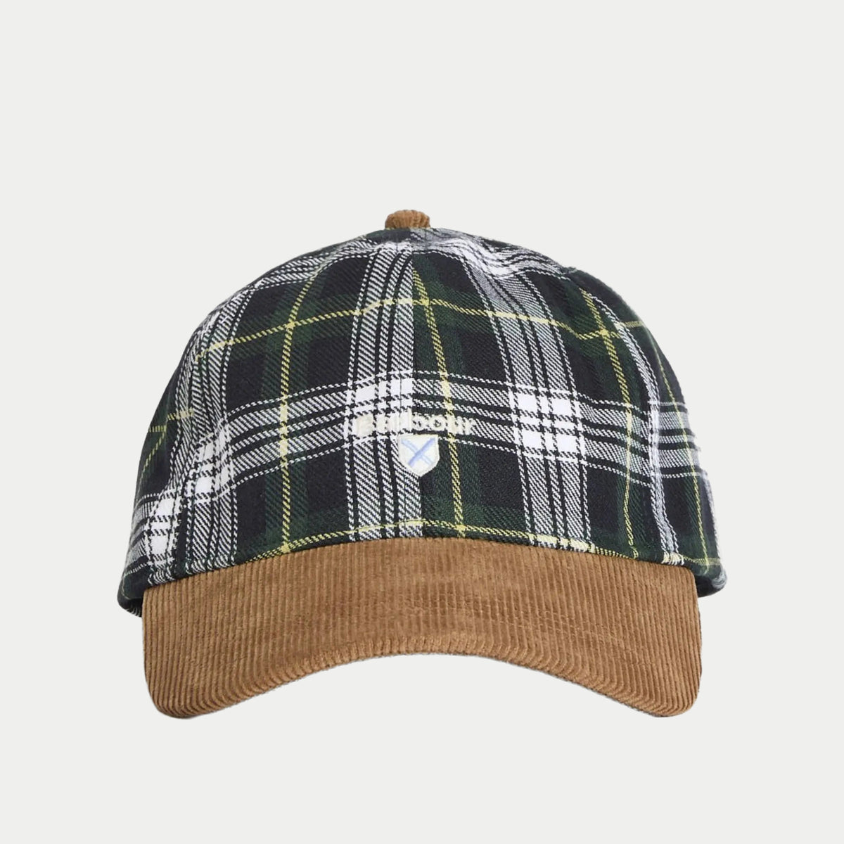 Casquette Benson Dress Gordon de face, logo blanc brodé sur le tartan vert et blanc