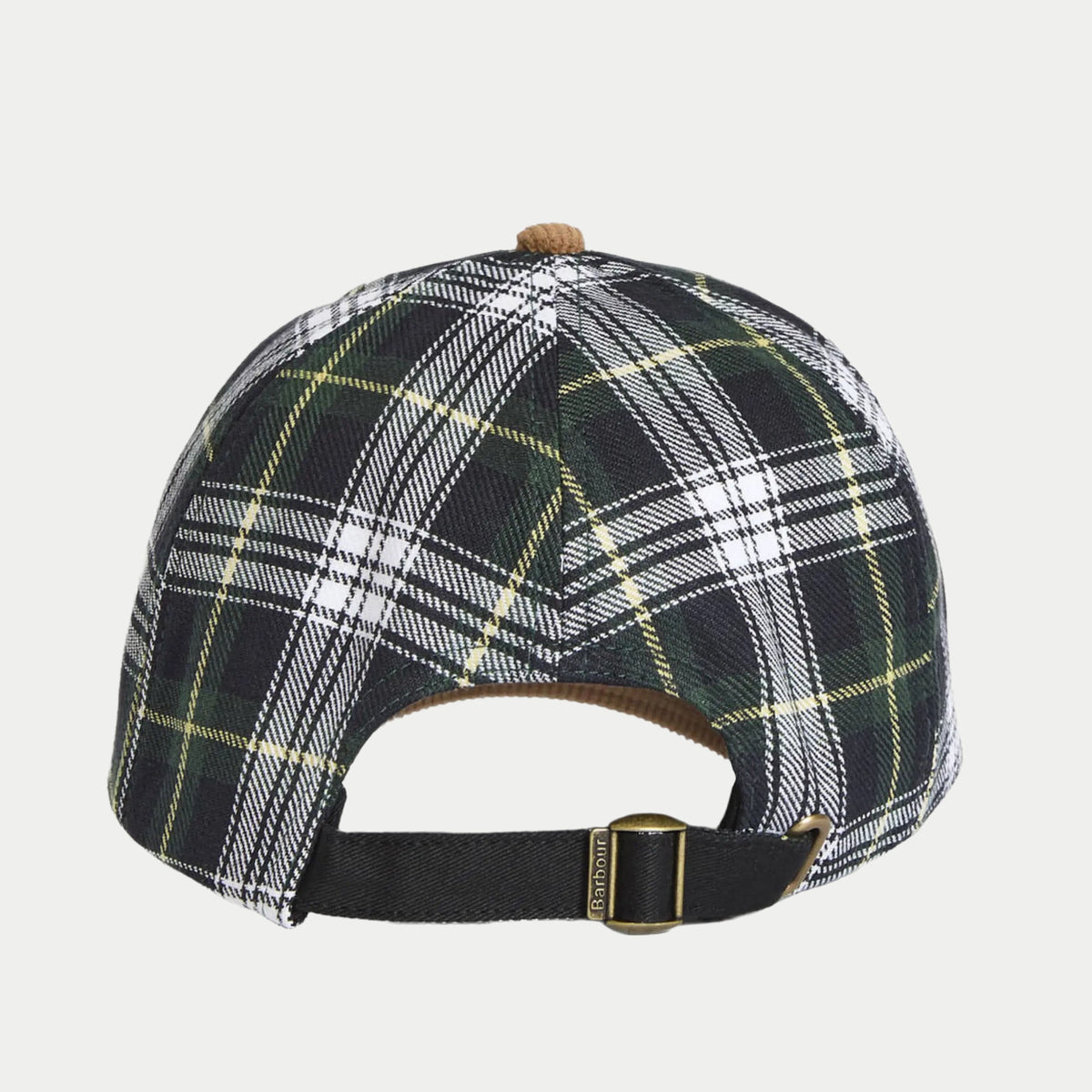 Dos de la casquette Benson, sangle noire et boucle laiton vieilli sur le tartan