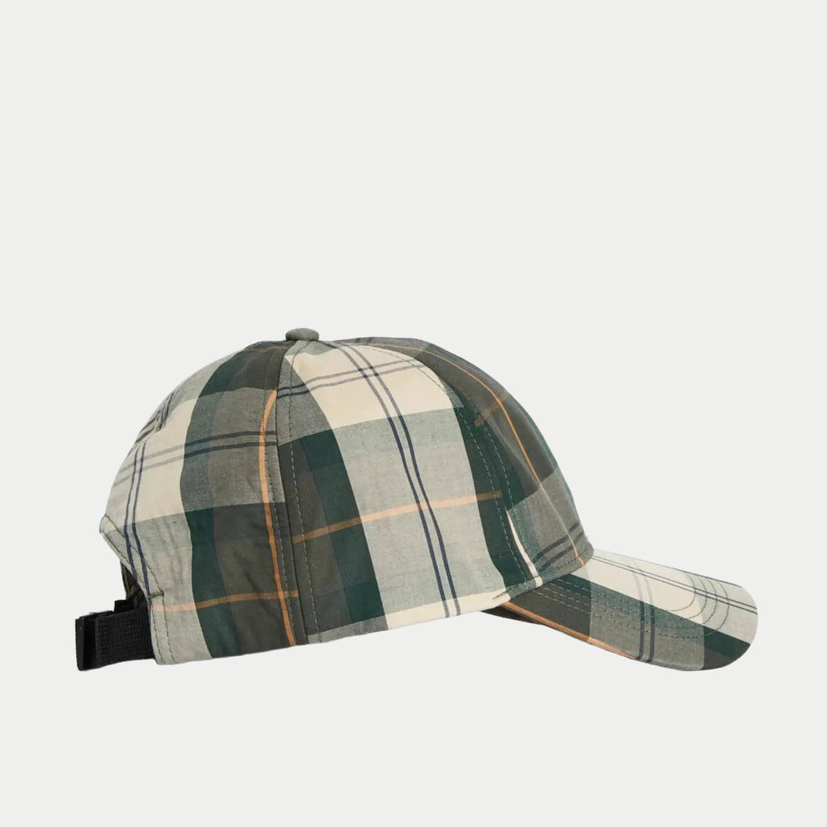 Profil droit de la casquette Telfield, visière souple à carreaux vert de gris et écru