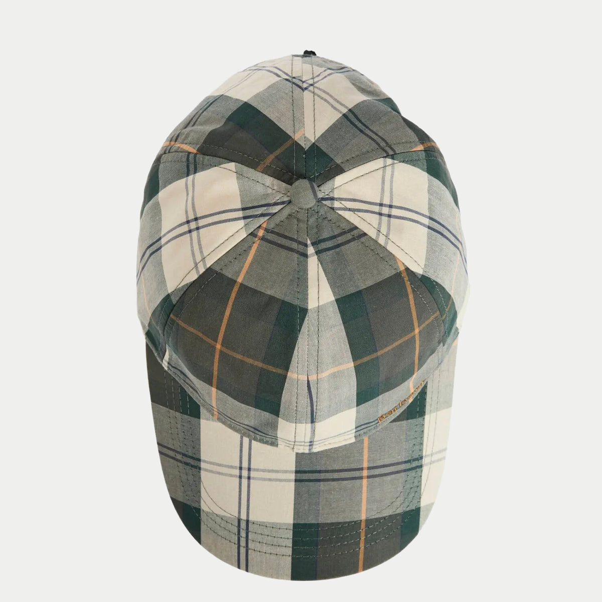Vue de dessus de la casquette Telfield : six panneaux raccordés dans le grand tartan