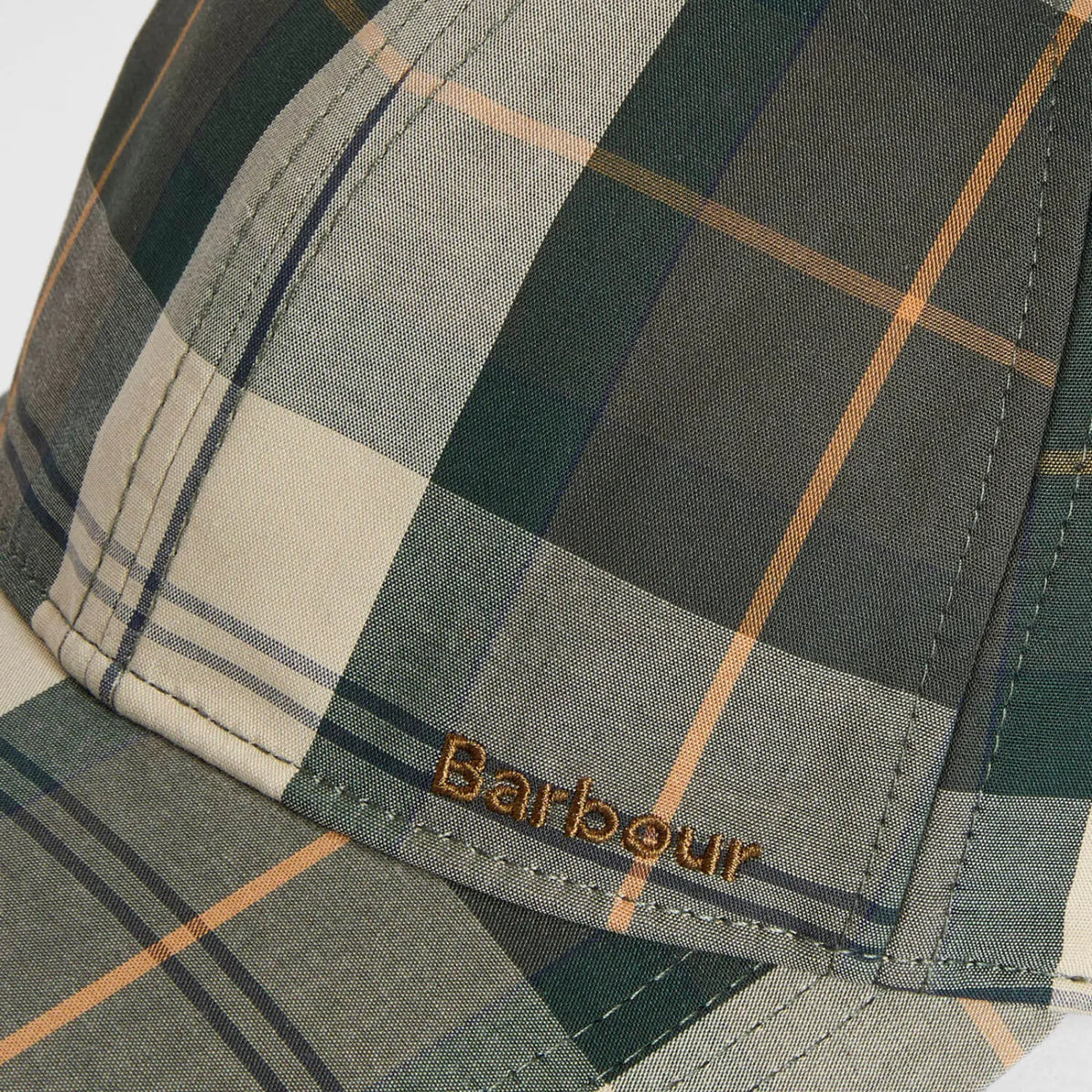 Macro du tissu Ancient Tartan : vert sapin, écru, lignes bleu nuit et abricot