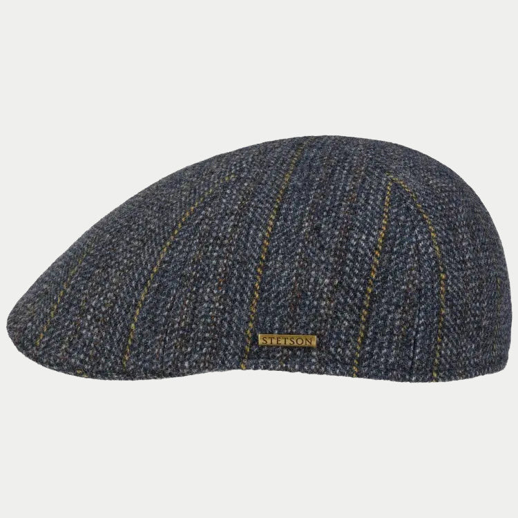 Casquette Texas de profil, laine tissée bleu chiné traversée de fines rayures moutarde