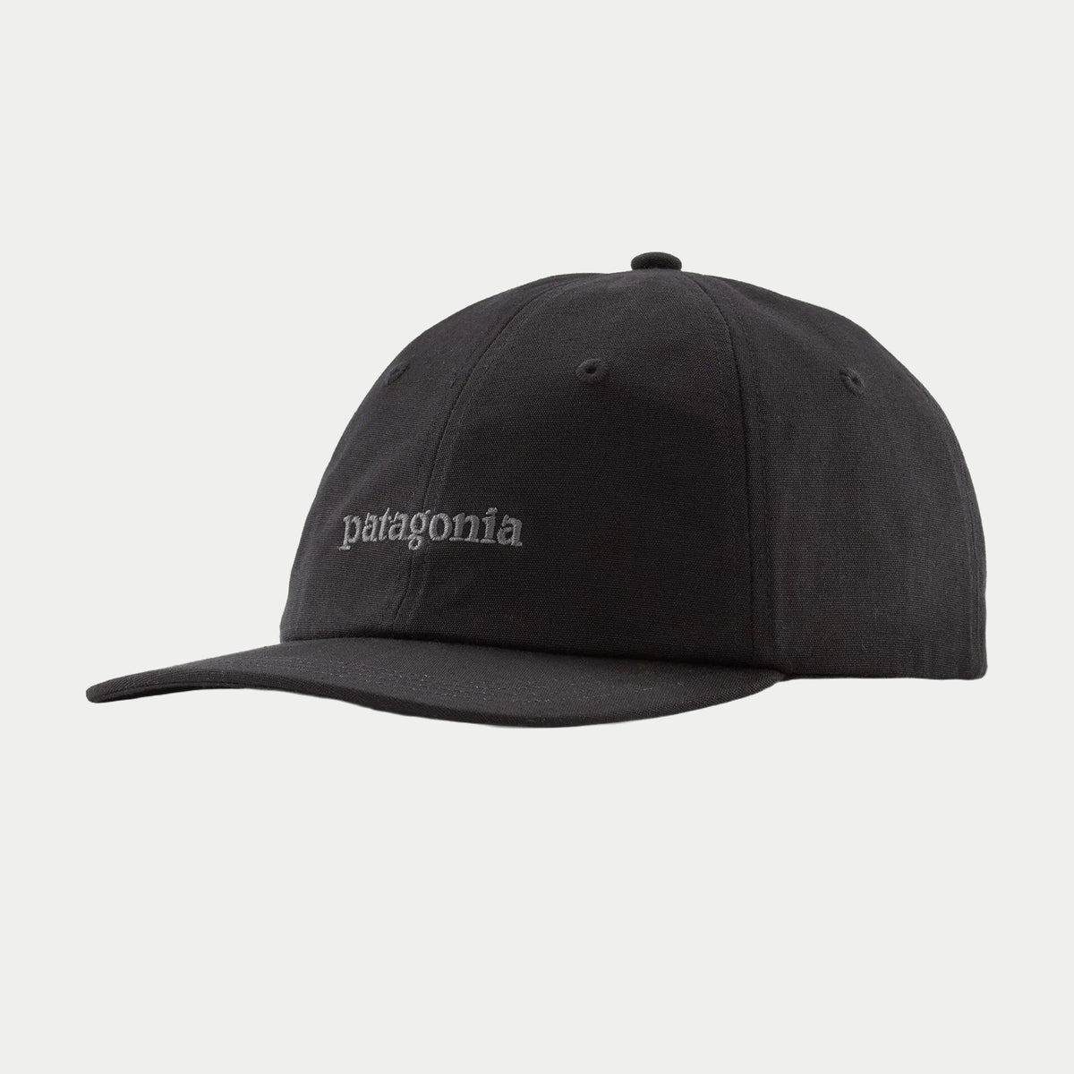 Casquette Text Logo en toile noire, lettrage patagonia brodé gris clair et visière souple