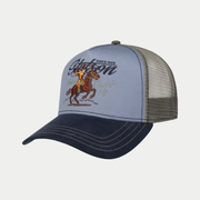 Casquette trucker Stetson Rodeo Round Up bleue - vue de trois-quarts, cowboy au lasso brodé et filet olive