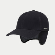 Casquette Vaby Stetson bleu marine en laine et cachemire, vue de trois quarts avec les cache-oreilles rabattus