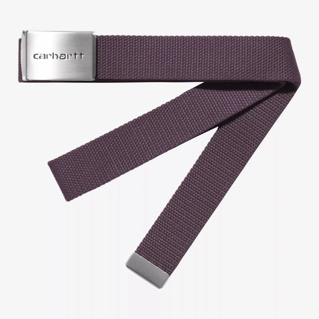 Ceinture Clip Belt en toile tissée prune grisé Cozy Purple, enroulée, boucle plaque argentée et embout métal