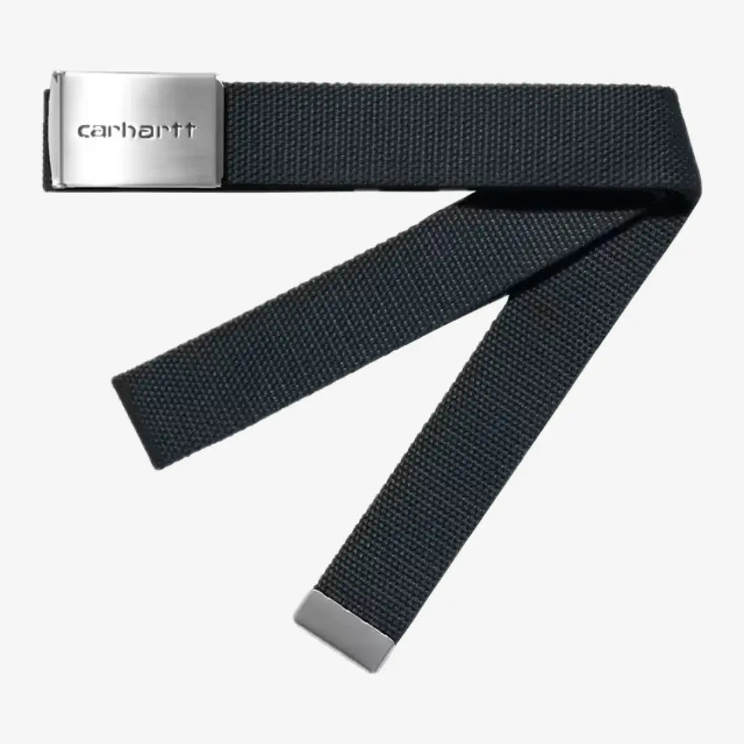 Ceinture Clip Belt en sangle tissée Deep Lagoon, bleu canard presque noir, plaque métal brossée et embout argenté