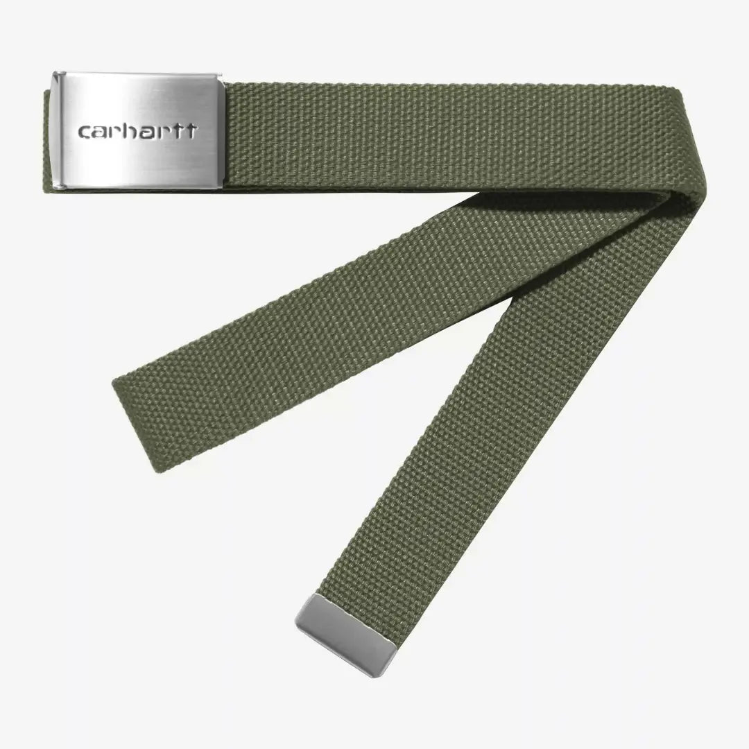 Ceinture Clip Belt en toile vert kaki militaire Leaf, sangle repliée, boucle rectangulaire argentée et embout métal