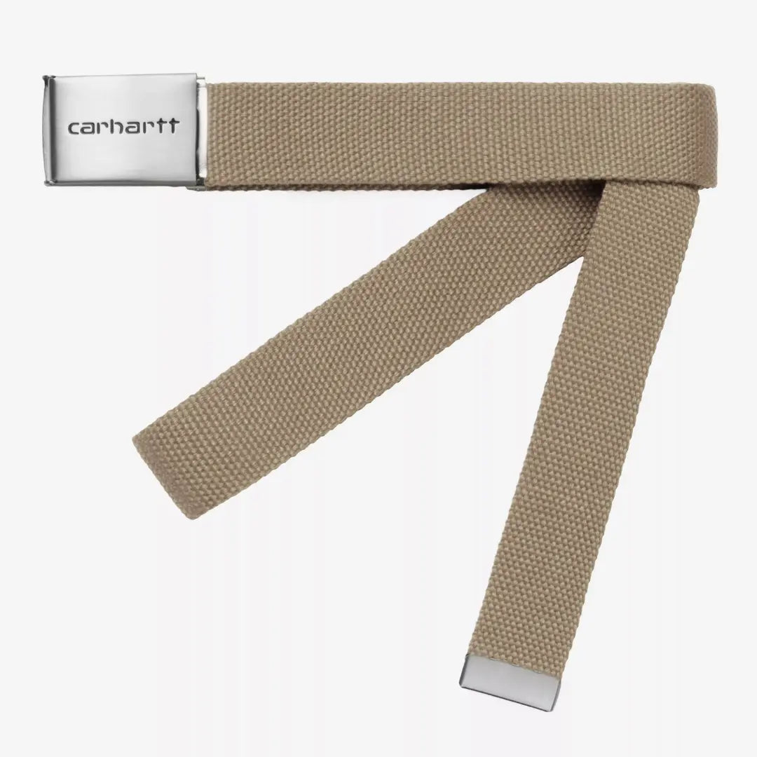 Ceinture Clip Belt en sangle de toile beige sable Leather, repliée en trois, plaque argentée et embout métal plat