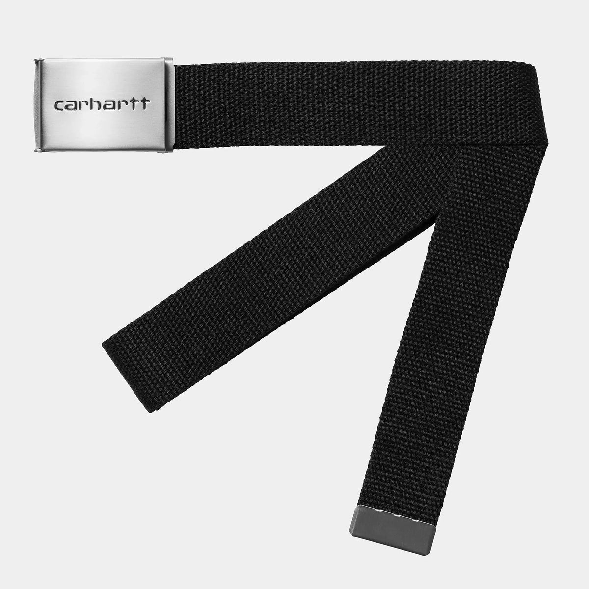 Ceinture Clip Belt noire en toile tissée enroulée, large boucle plaque en métal brossé et embout métal sombre