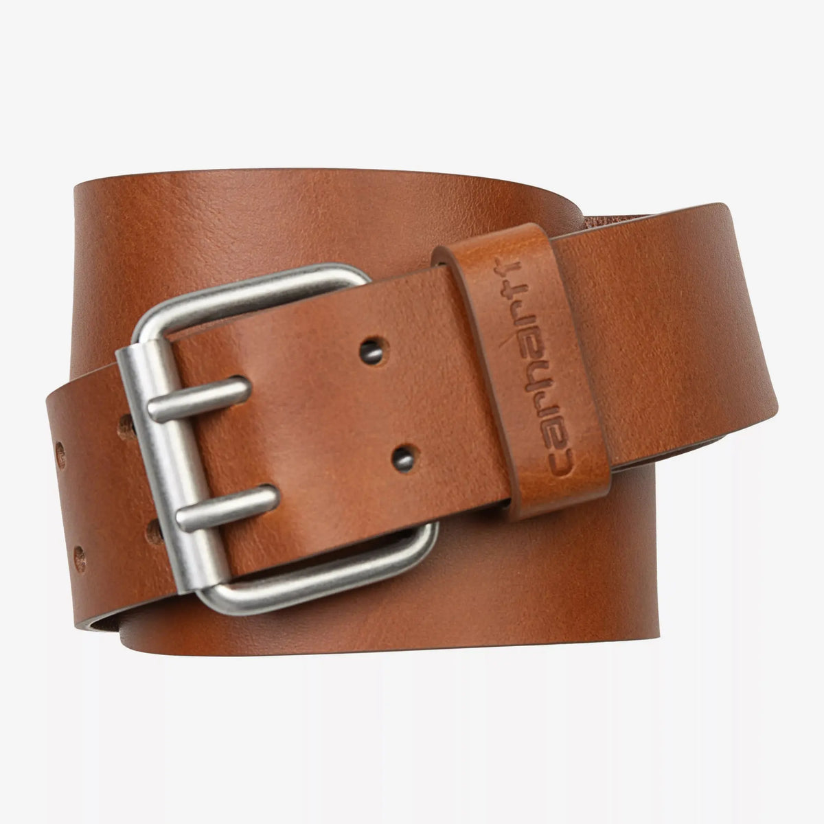 Ceinture Double Script cognac enroulée : cuir brun fauve, boucle rouleau à double ardillon, passant estampé