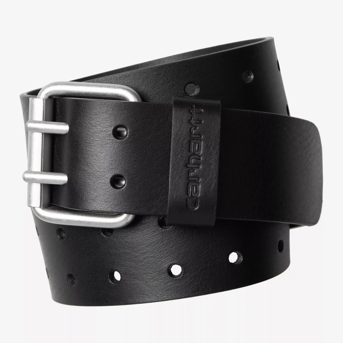 Ceinture Double Script noire enroulée : cuir lisse noir, boucle rouleau à double ardillon, double rang d'œillets