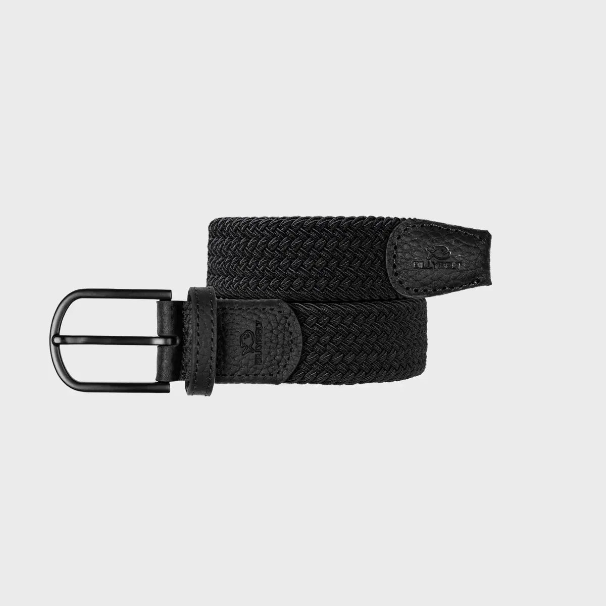 Ceinture tressée All Black enroulée à plat, tresse élastique noire unie, boucle noire mate et pattes de cuir noir