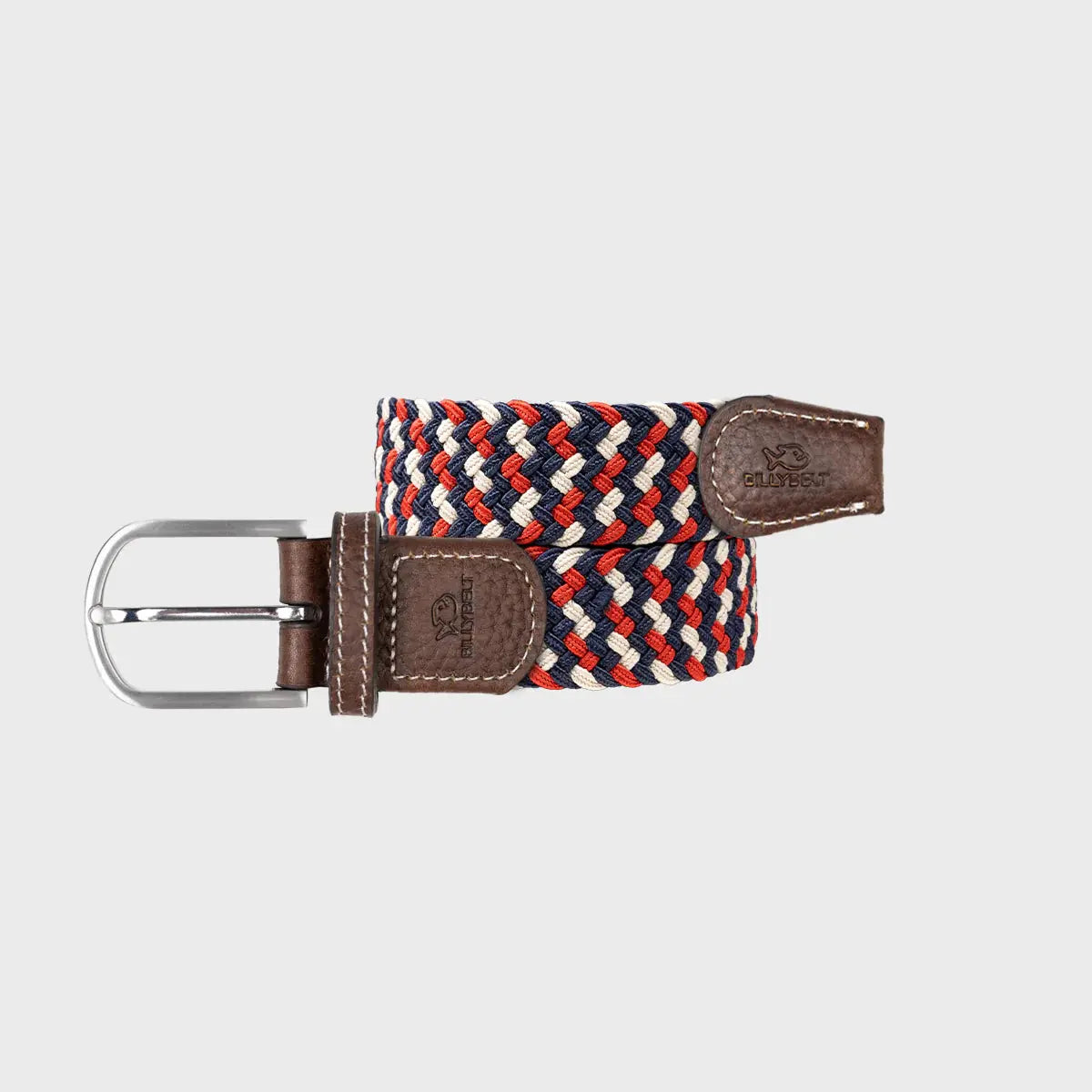 Ceinture Amsterdam enroulée : larges bandes tressées bleu marine, écru et rouge vif, boucle argent poli, cuir brun