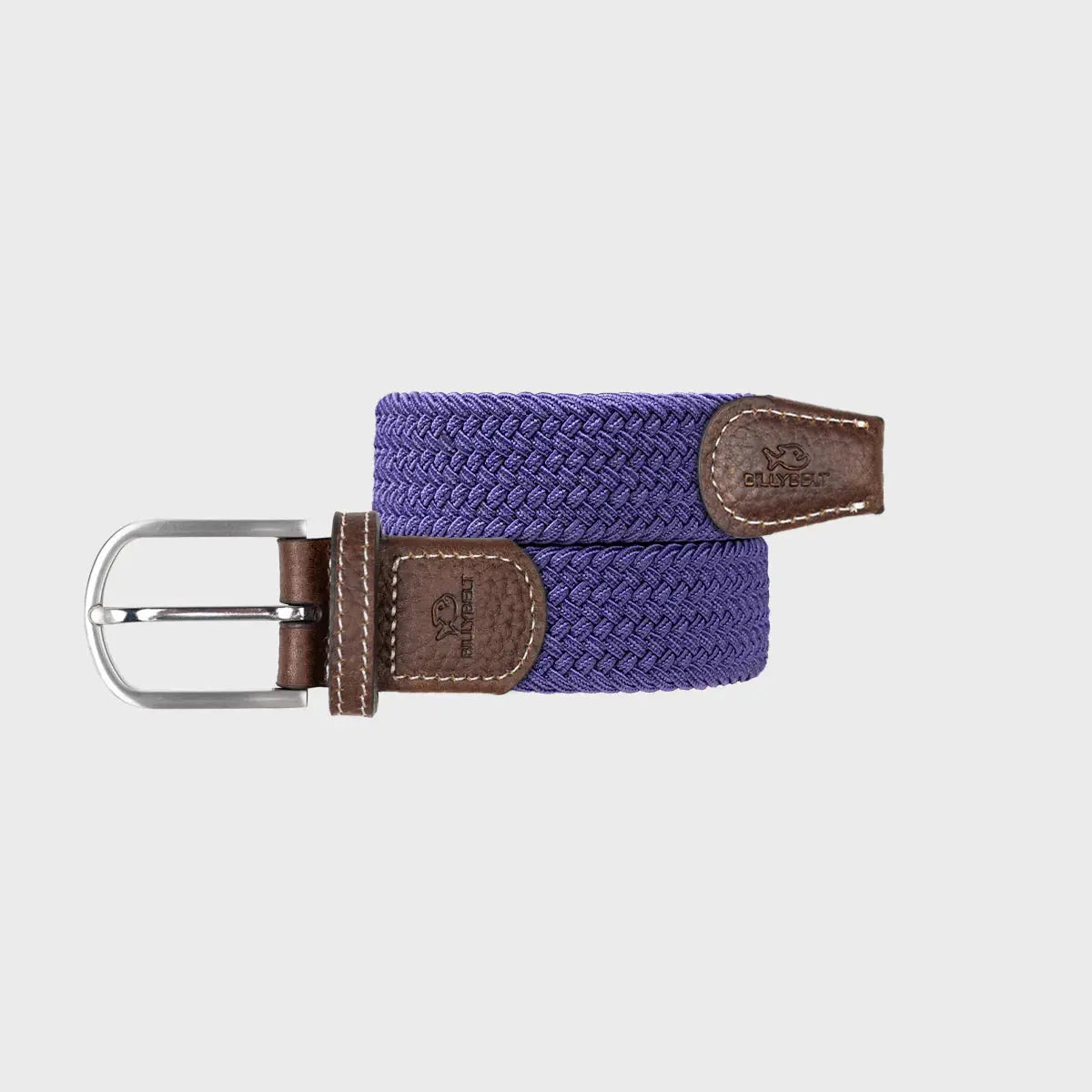 Ceinture Astral enroulée : tressage élastique violet indigo serré, embouts de cuir brun et boucle argent poli