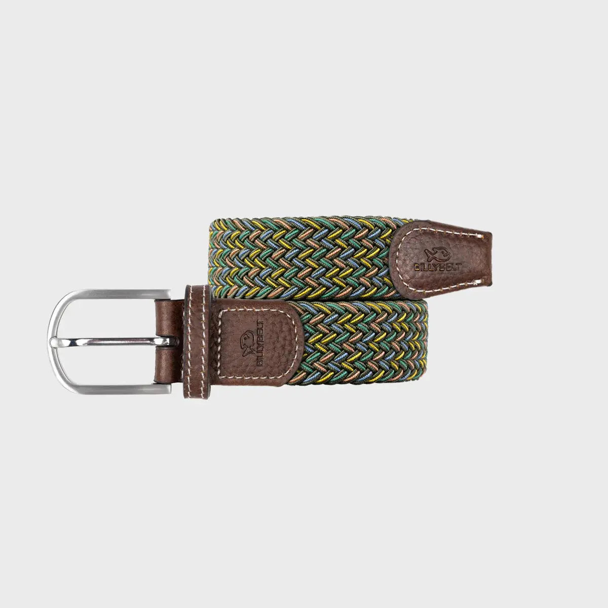 Ceinture Belfast roulée : chevrons kaki foncé mêlés de vert, jaune, bleu ciel et rose saumon, boucle argentée