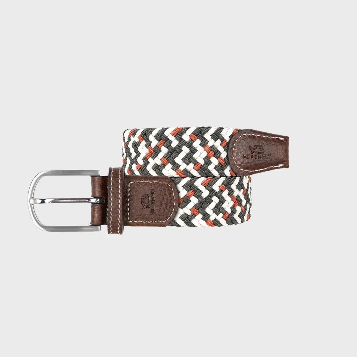 Ceinture tressée Biarritz enroulée à plat, tresse élastique kaki foncé, écru et terracotta, embouts en cuir marron.