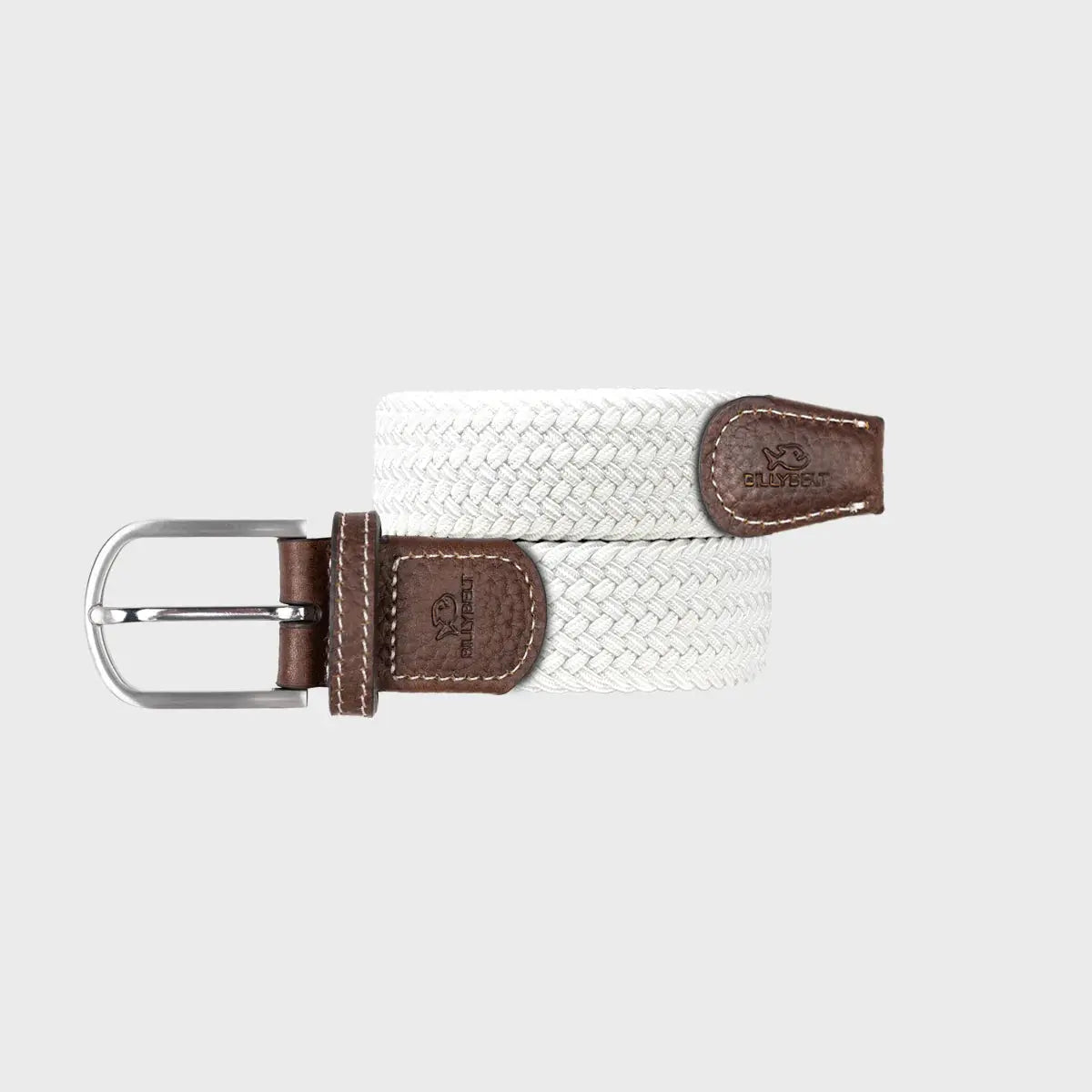 Ceinture Blanc Coco enroulée à plat : tresse élastique blanc cassé, embouts de cuir brun et boucle argent poli