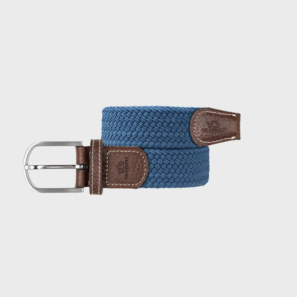Ceinture Bleu Air Force roulée : tressage élastique bleu jean uni, cuir brun surpiqué écru et boucle argentée