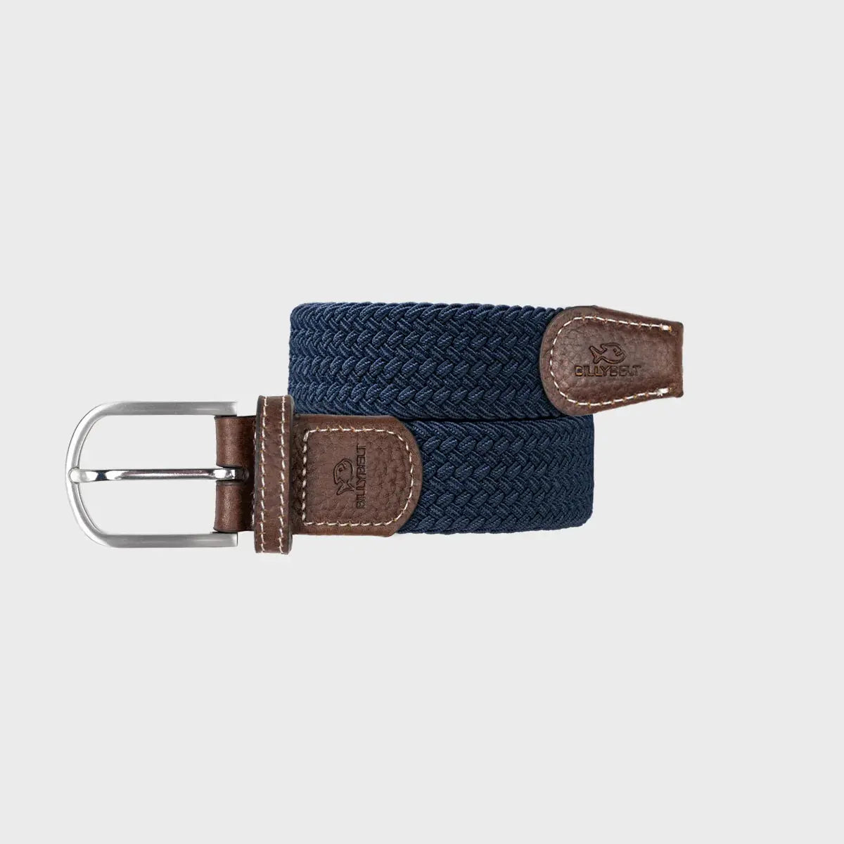 Ceinture Bleu Ardoise enroulée : tresse élastique bleu marine grisé, cuir brun surpiqué et boucle argent poli