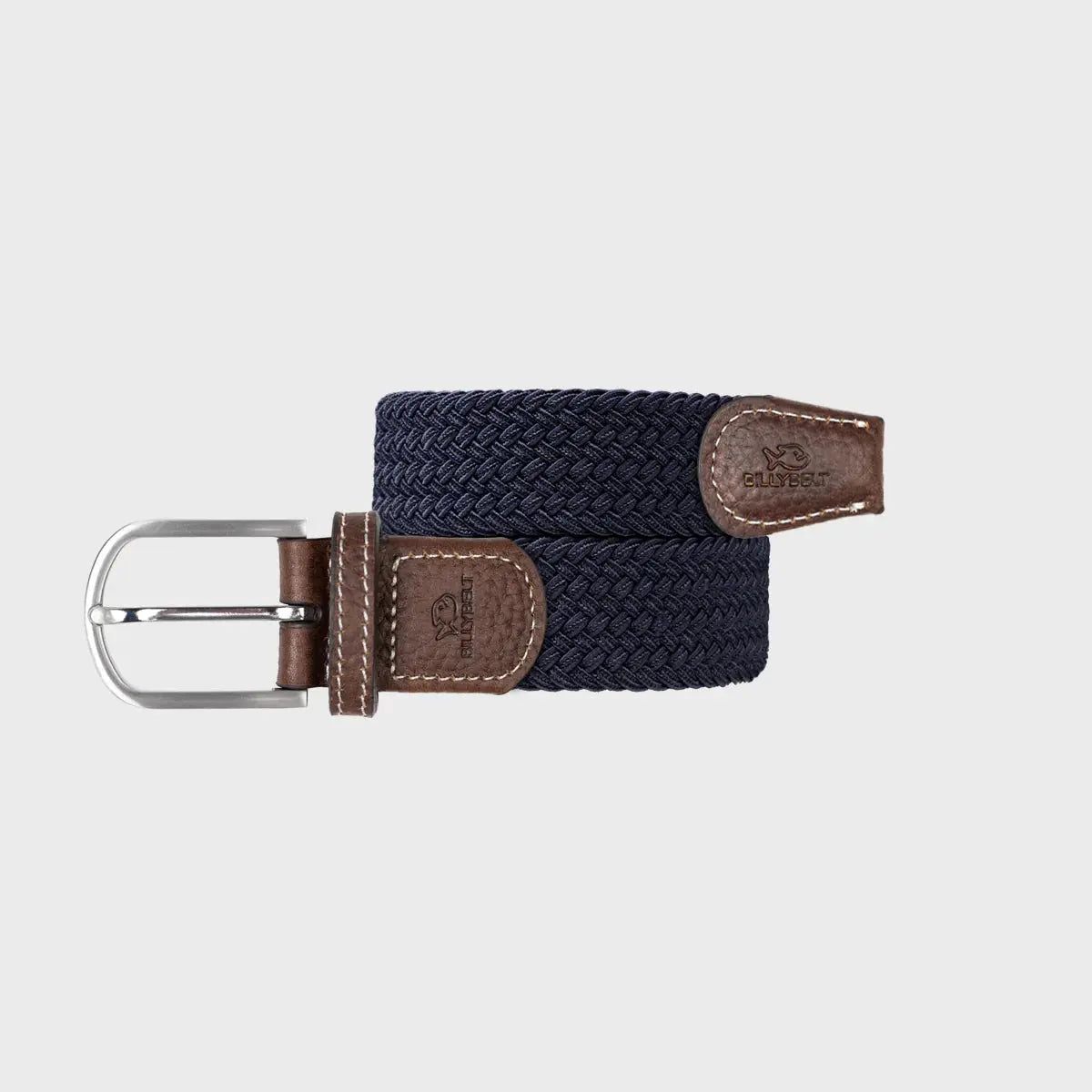 Ceinture Bleu Marine roulée à plat : tressage élastique bleu marine profond, cuir brun et boucle argent poli