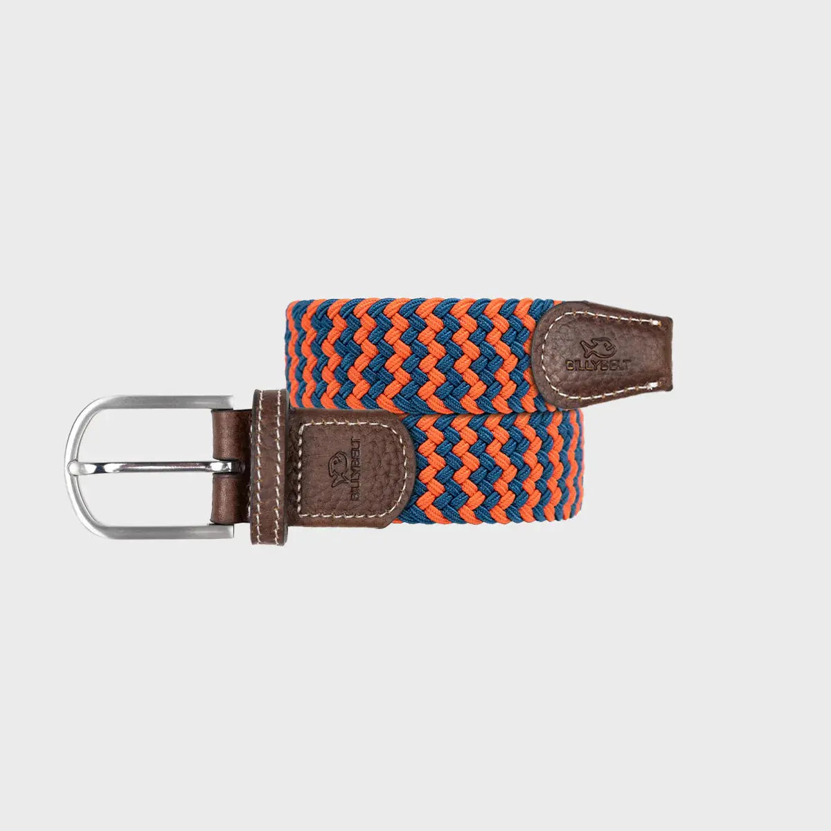 Ceinture Cambridge enroulée : zigzags orange vif et bleu pétrole, boucle argent poli et embouts de cuir brun