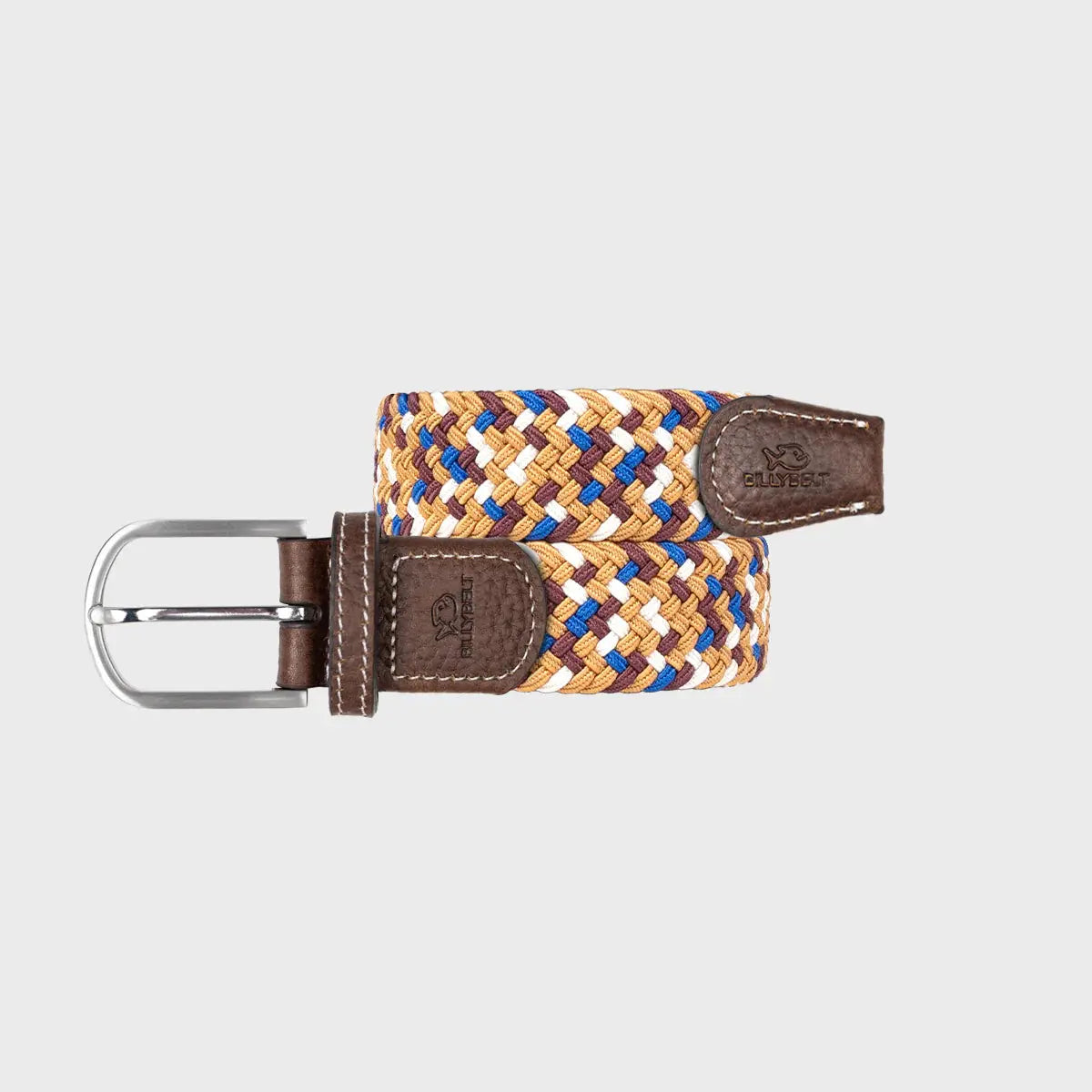 Ceinture tressée Cap Town enroulée à plat, tresse caramel, écru, bleu roi et prune, embouts en cuir marron.