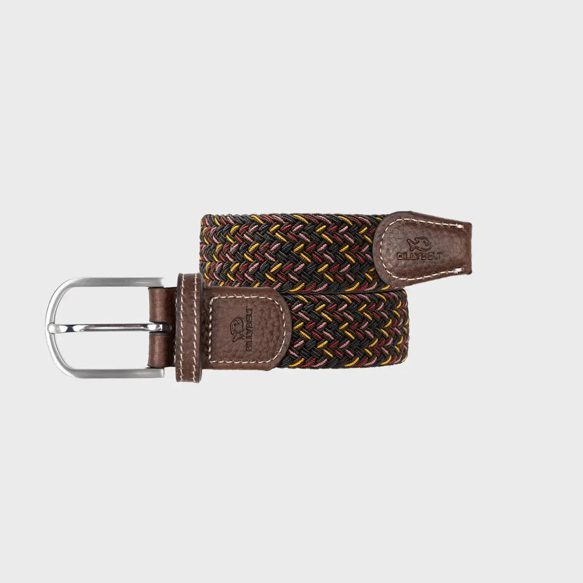 Ceinture Caracas roulée : fond kaki foncé piqué de rose, framboise, jaune moutarde et bleu marine, boucle argentée