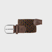 Ceinture Caracas roulée : fond kaki foncé piqué de rose, framboise, jaune moutarde et bleu marine, boucle argentée