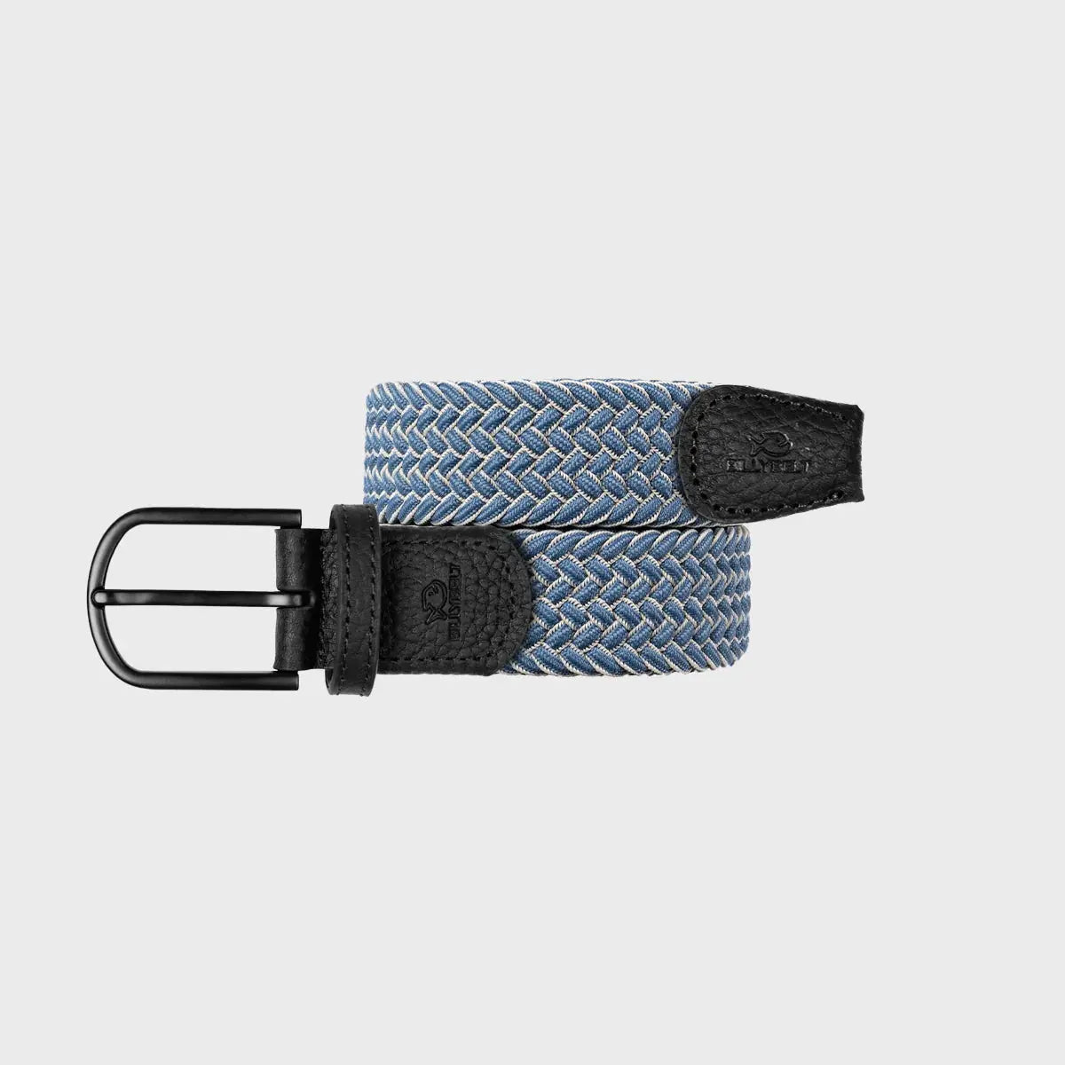 Ceinture Chicago roulée à plat : chevrons bleu jean et écru, boucle noire mate et embouts de cuir noir grainé