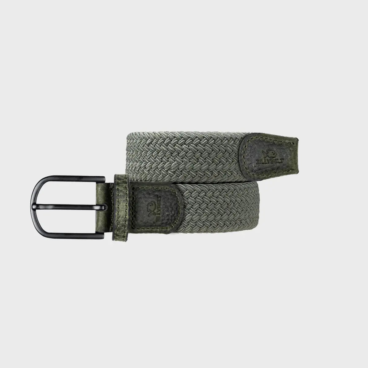 Ceinture Dark Forest enroulée : tresse élastique vert sauge grisé, boucle noire mate et embouts de cuir kaki