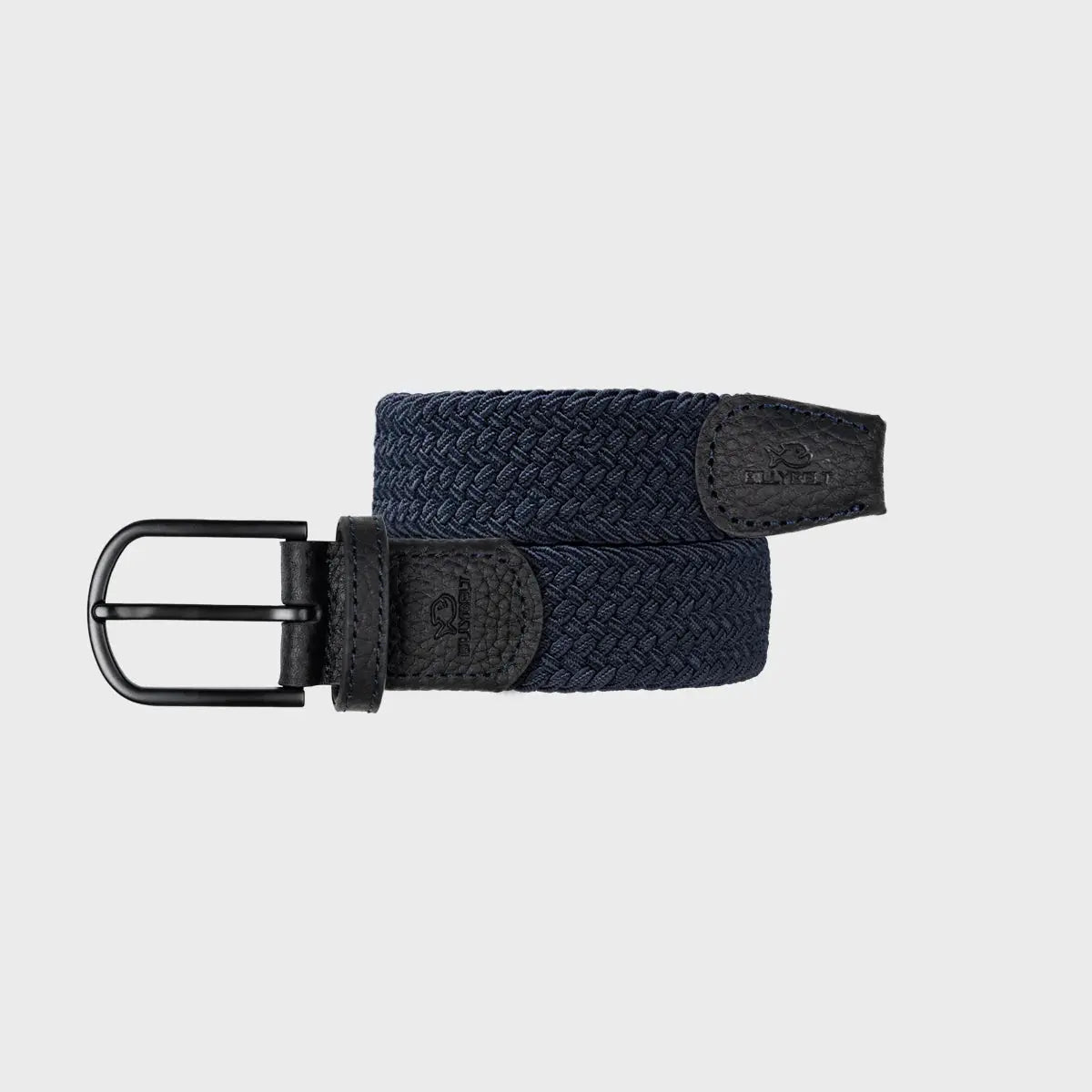Ceinture Deep Water roulée à plat : tressage élastique bleu encre très sombre, boucle et embouts noirs mats