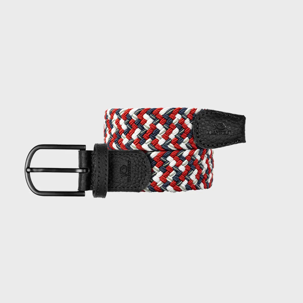 Ceinture Edmonton roulée : chevrons rouge vif, écru et bleu gris ardoise, boucle noire mate et cuir noir