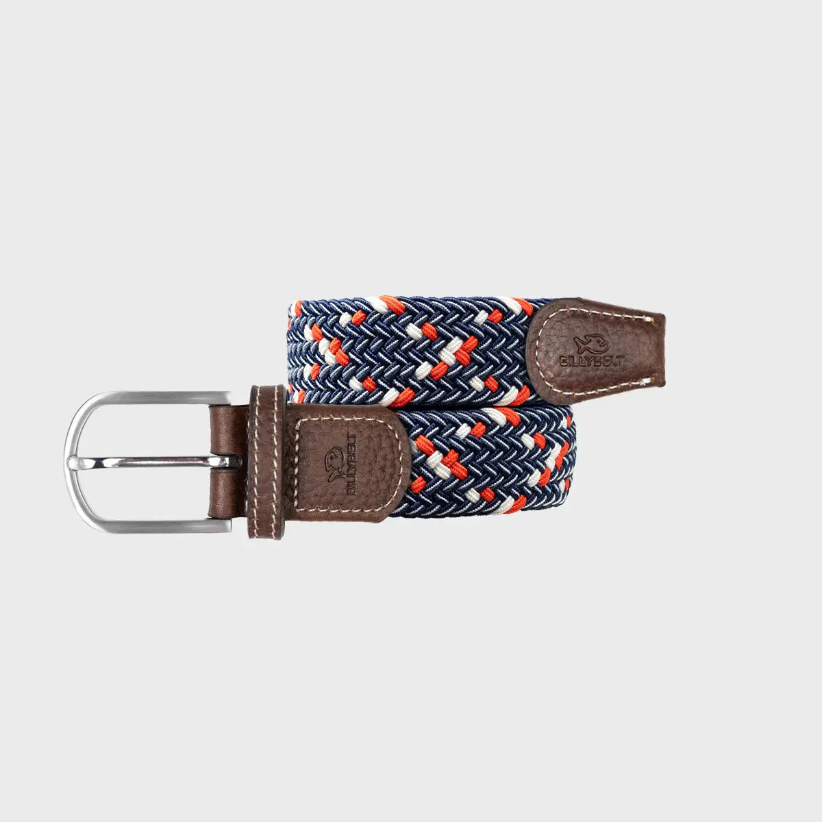Ceinture Frenchie enroulée : zigzags serrés bleu marine, écru et orange vif, boucle argent poli et cuir brun