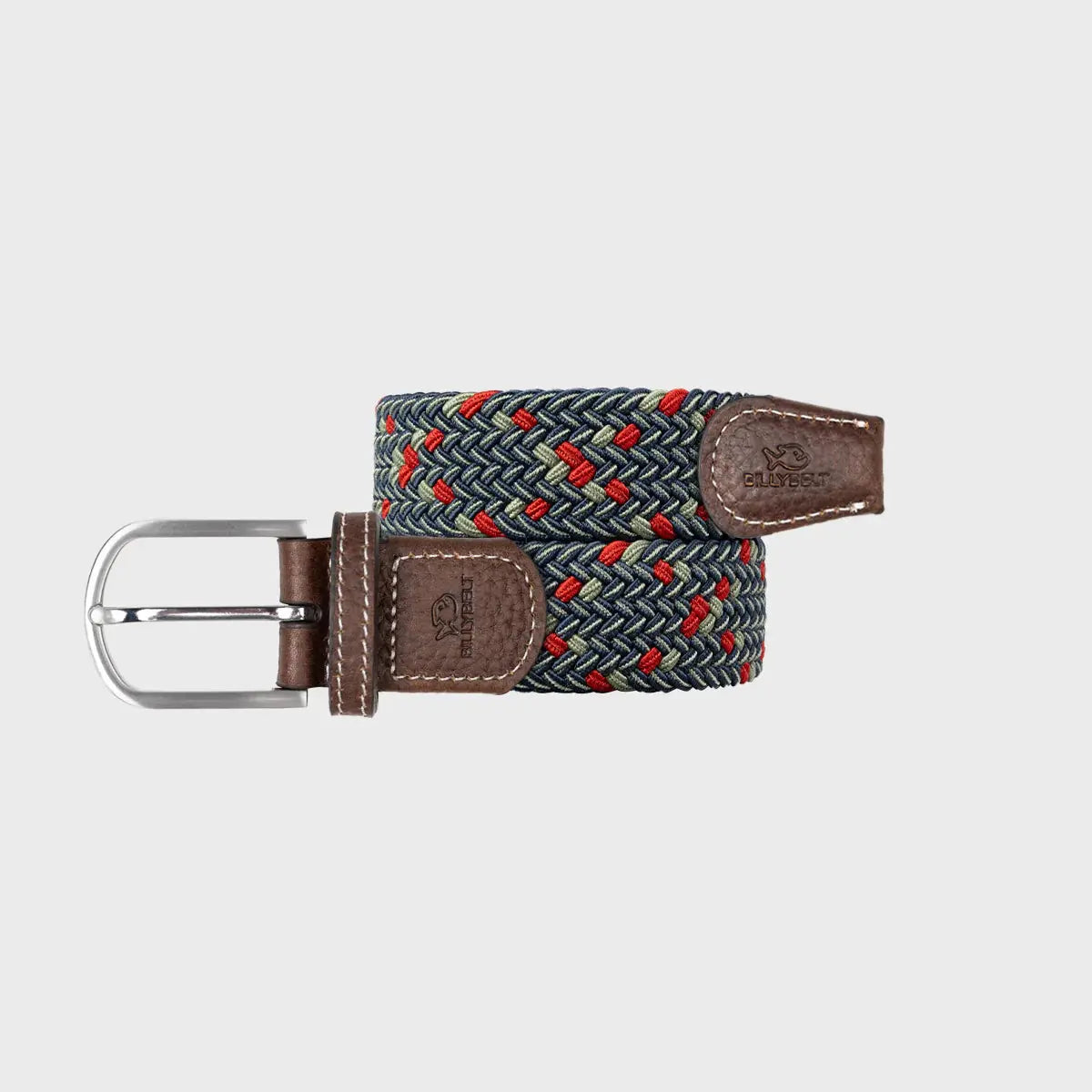 Ceinture tressée Goteborg enroulée : tressage bleu marine et vert amande relevé de rouge vif, boucle argentée