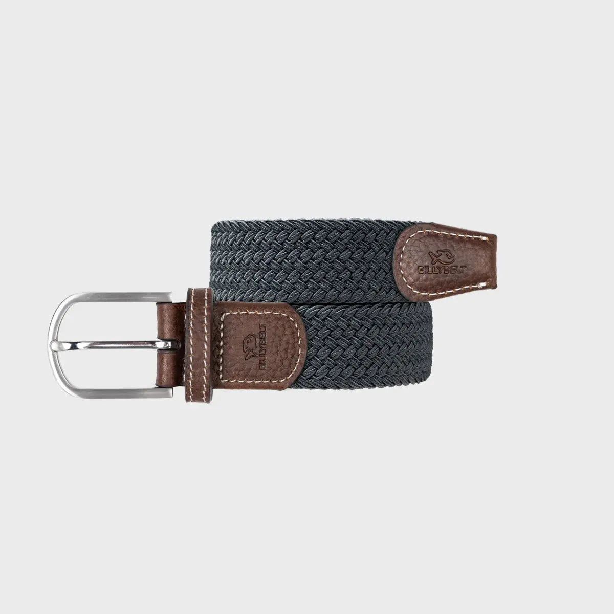 Ceinture tressée Gris Flanelle enroulée : tressage uni gris ardoise très foncé, boucle argentée et embouts marron