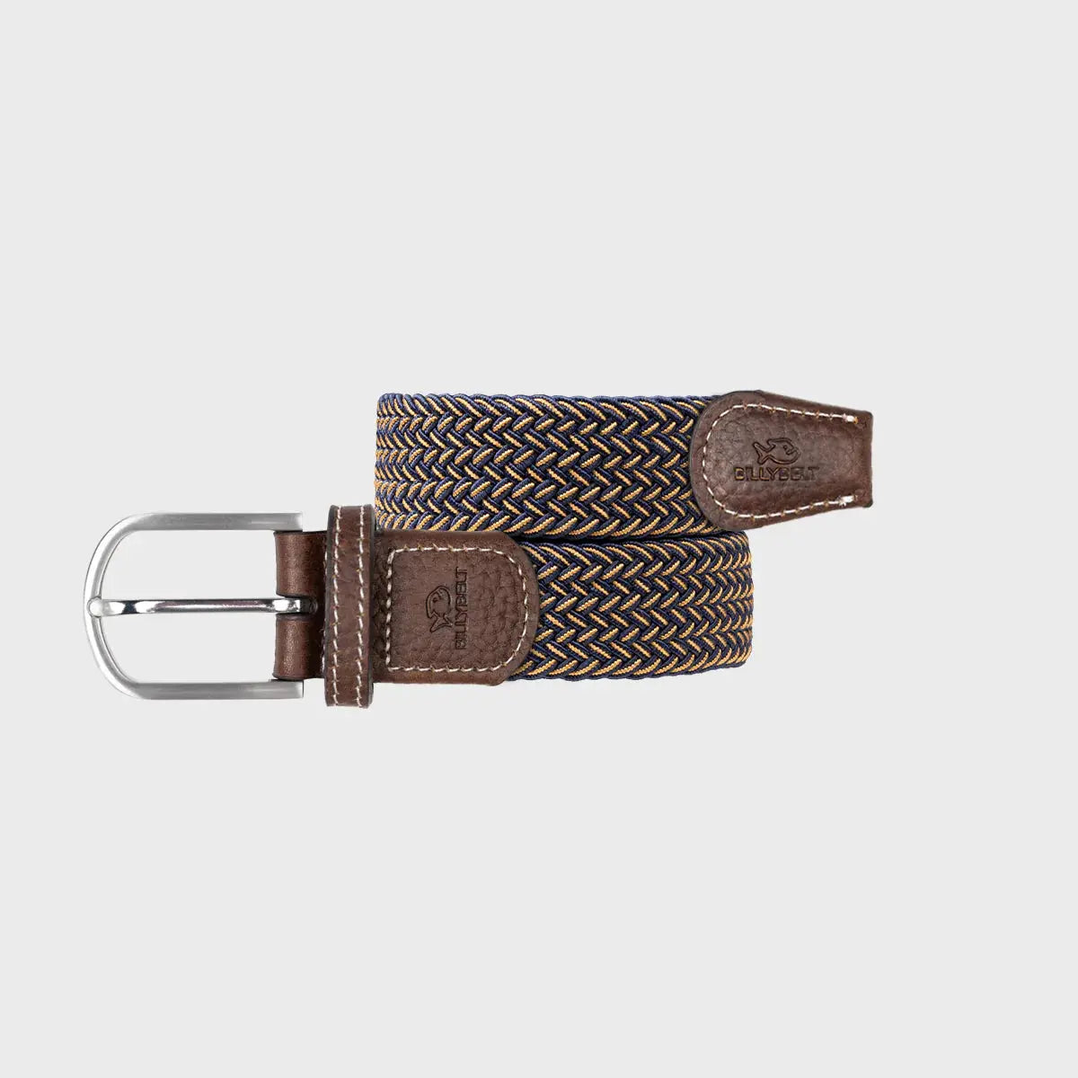 Ceinture tressée Havane enroulée : tressage chevron bleu marine et jaune doré, boucle argentée, embouts marron