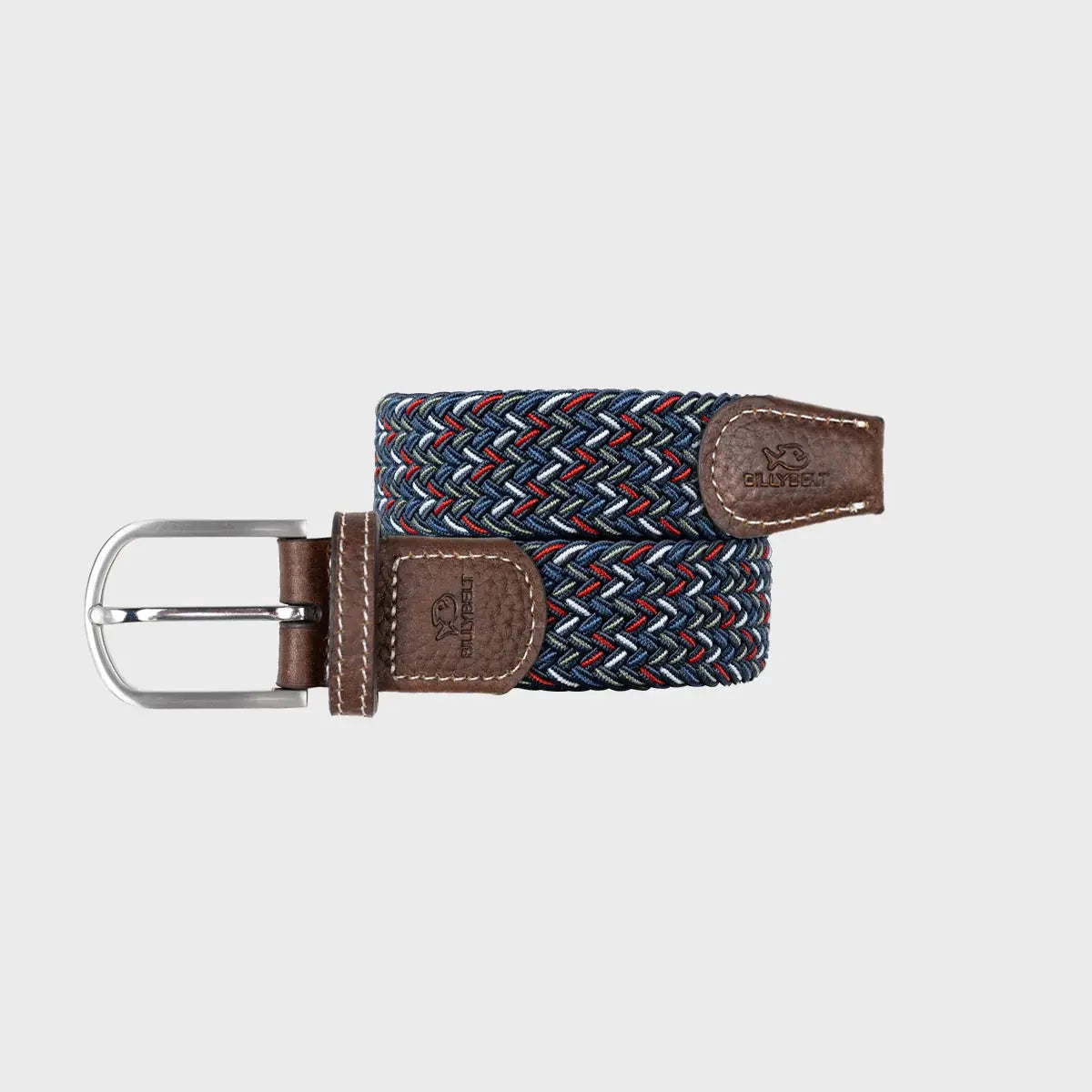 Ceinture tressée Istanbul enroulée : tressage bleu marine et bleu jean semé de blanc, de rouge et de kaki clair